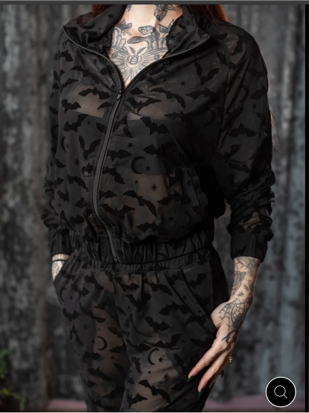 Witchwood Black Sheer Bat Print Track Jacket - Women size Medium